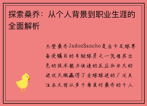探索桑乔：从个人背景到职业生涯的全面解析