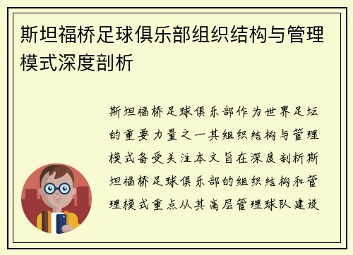 斯坦福桥足球俱乐部组织结构与管理模式深度剖析