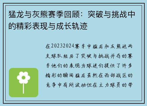 猛龙与灰熊赛季回顾：突破与挑战中的精彩表现与成长轨迹