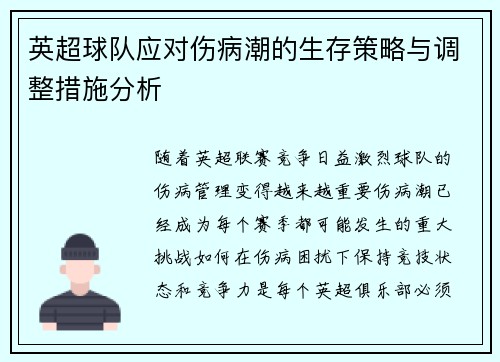 英超球队应对伤病潮的生存策略与调整措施分析