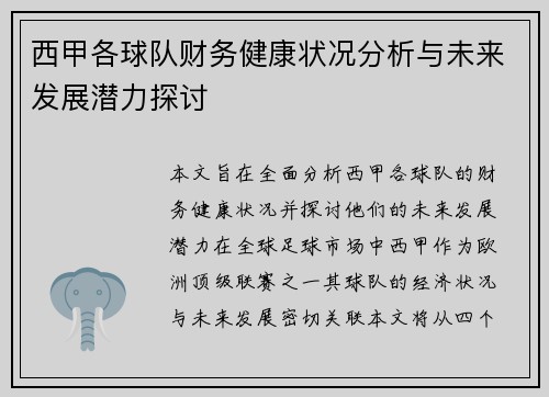 西甲各球队财务健康状况分析与未来发展潜力探讨