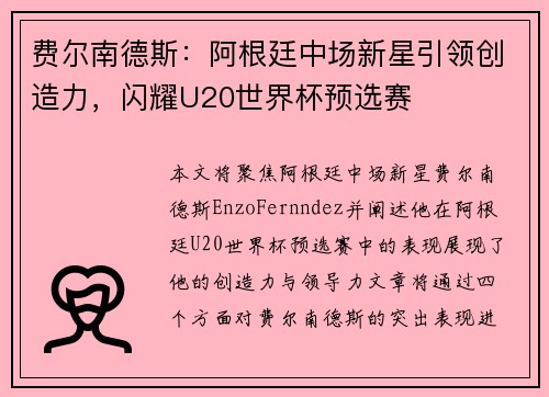 费尔南德斯：阿根廷中场新星引领创造力，闪耀U20世界杯预选赛
