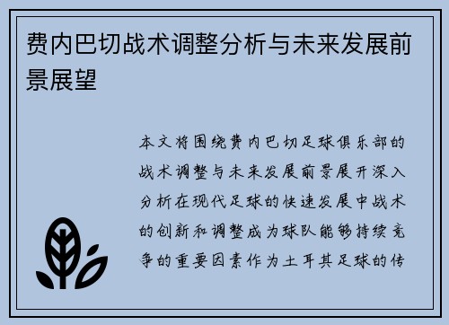 费内巴切战术调整分析与未来发展前景展望